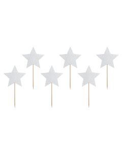 PartyDeco Cupcake Toppers Sterren - Zilver Set/6