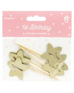 PartyDeco Cupcake Toppers 1st Birthday Gouden Sterren Set/6